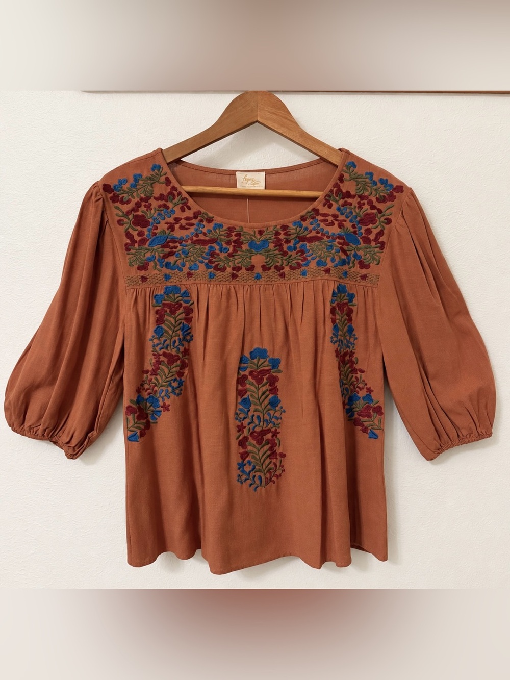 Layerz Burnt Orange Boho Embroidered Peasant Blouse with 3/4 Sleeves